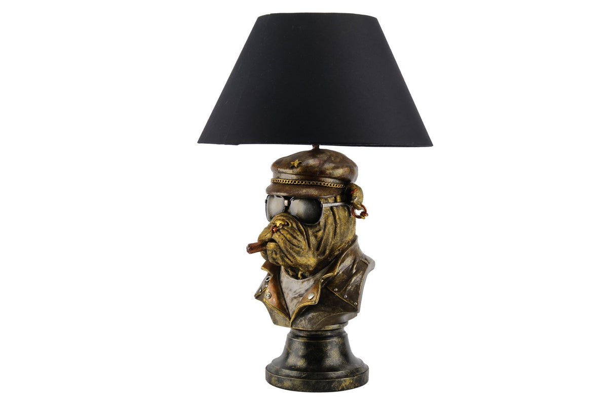 Lampe de table artisanale BULLDOG 55cm bronze noir abat-jour en tissu sculpture de chien