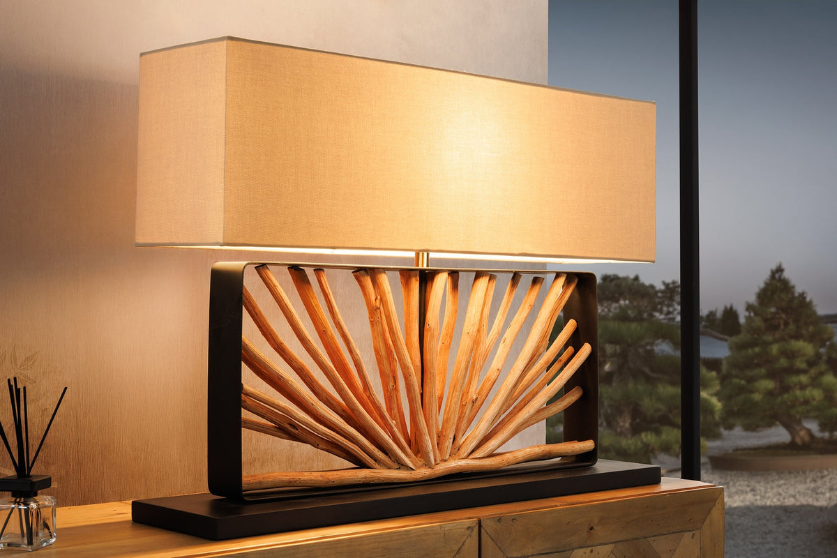 Lampe de table artisanale EUPHORIA 80cm naturel bois de Longan beige avec abat-jour en lin