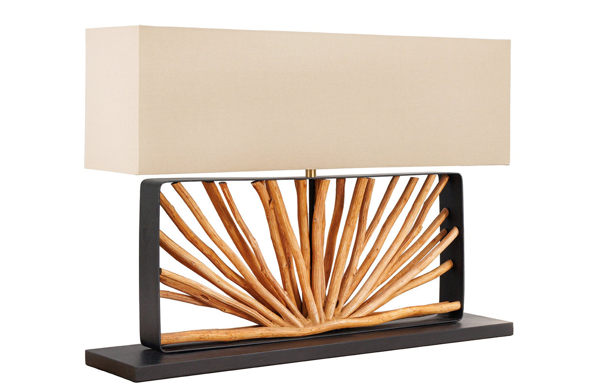 Lampe de table artisanale EUPHORIA 80cm naturel bois de Longan beige avec abat-jour en lin