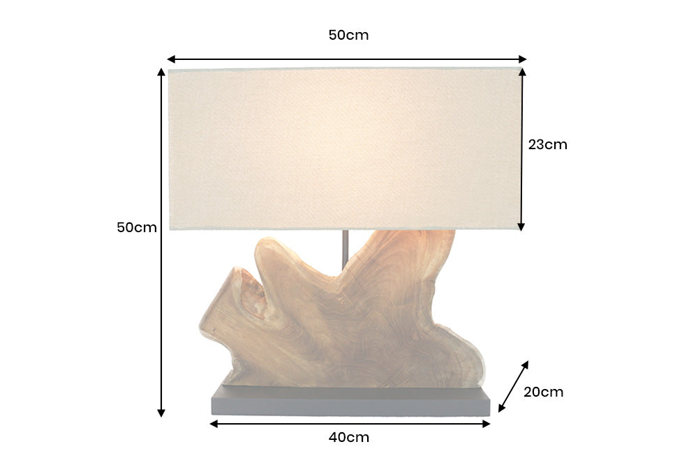 Lampe de table artisanale HYPNOTIC 50cm en teck naturel beige avec abat-jour en lin.