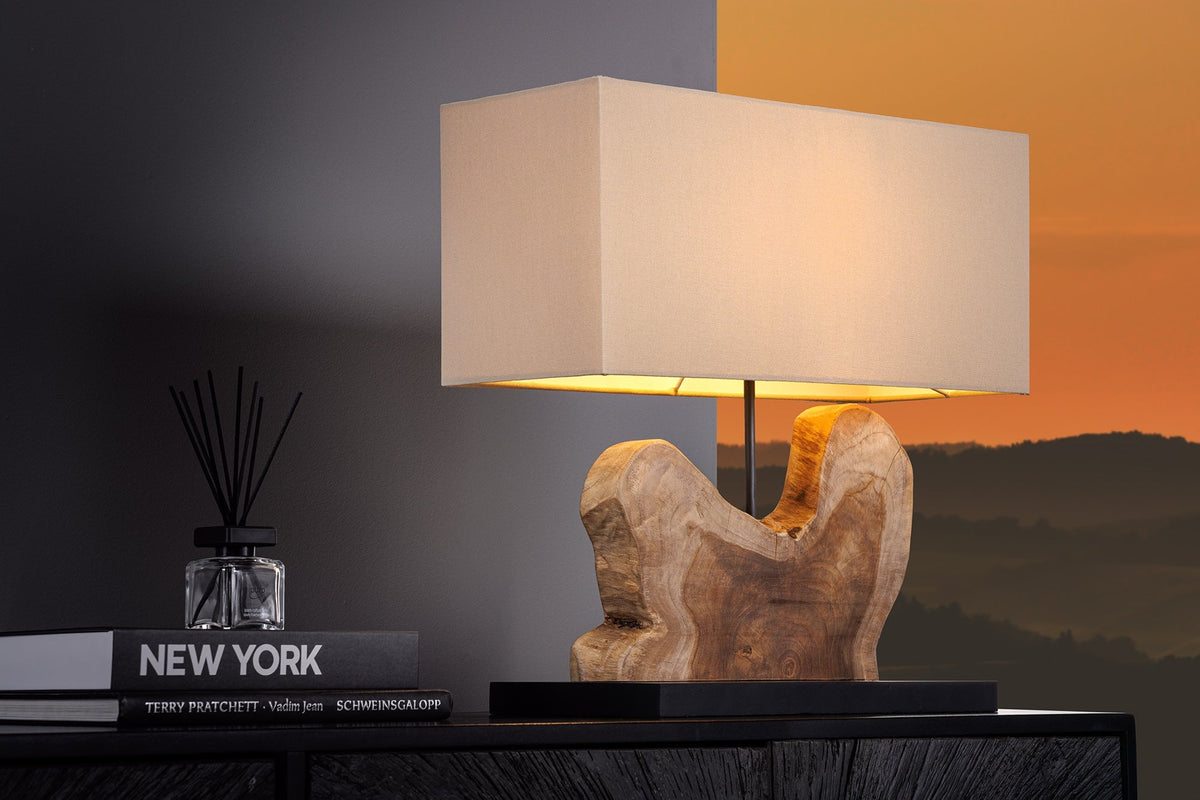 Lampe de table artisanale HYPNOTIC 50cm en teck naturel beige avec abat-jour en lin.