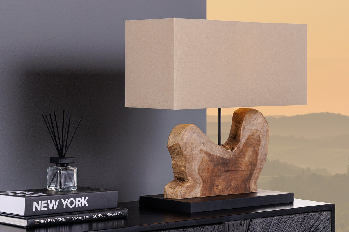 Lampe de table artisanale HYPNOTIC 50cm en teck naturel beige avec abat-jour en lin.