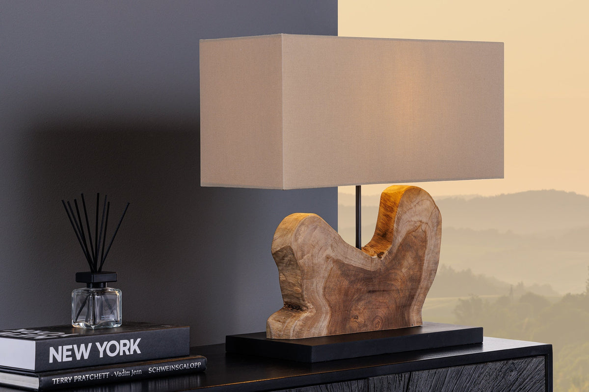 Lampe de table artisanale HYPNOTIC 50cm en teck naturel beige avec abat-jour en lin.