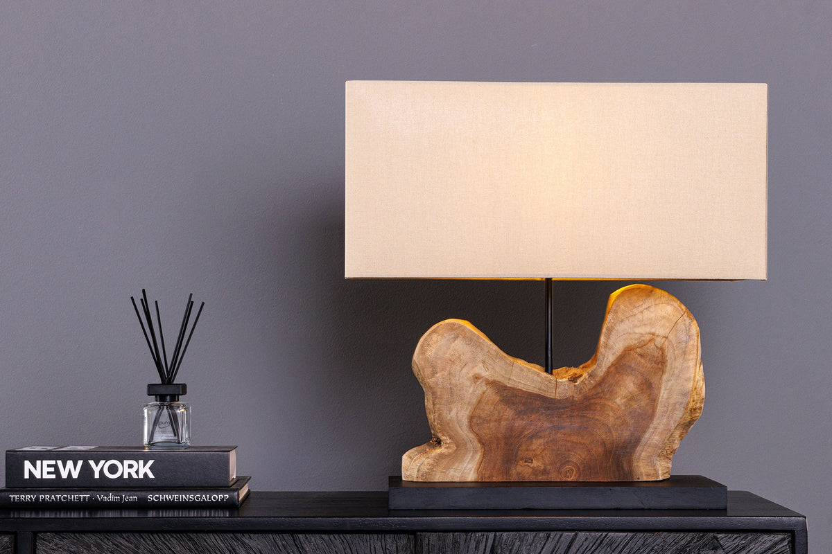 Lampe de table artisanale HYPNOTIC 50cm en teck naturel beige avec abat-jour en lin.
