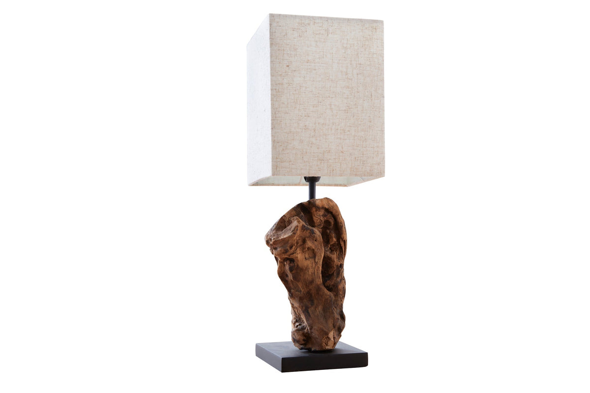 Lampe de table artisanale HYPNOTIC en bois flotté 45 cm beige, abat‑jour lin