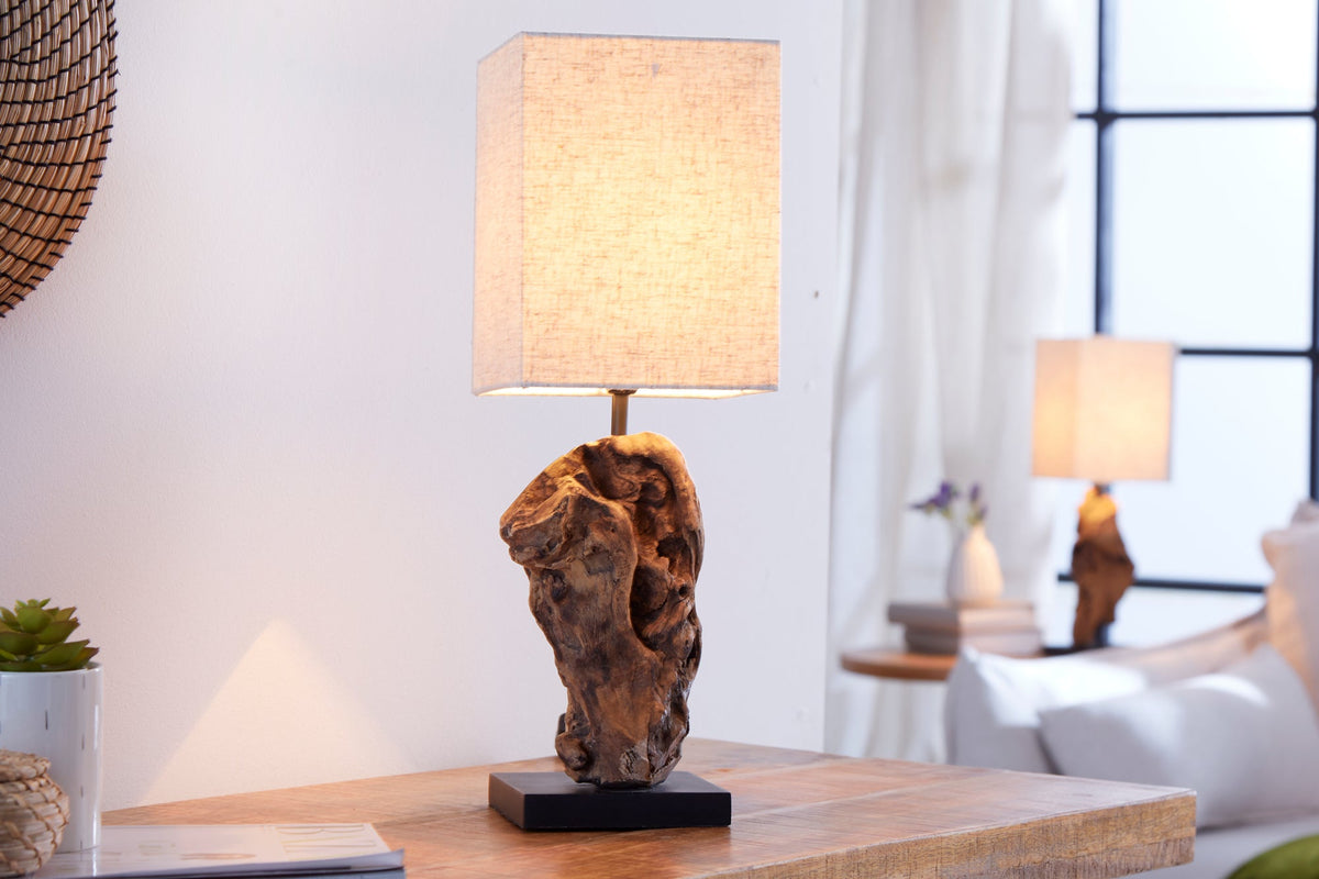 Lampe de table artisanale HYPNOTIC en bois flotté 45 cm beige, abat‑jour lin