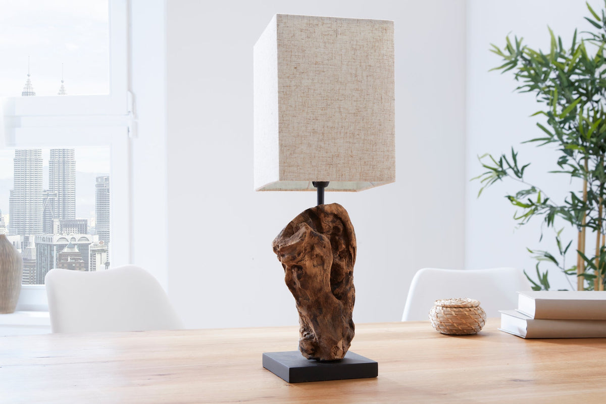Lampe de table artisanale HYPNOTIC en bois flotté 45 cm beige, abat‑jour lin