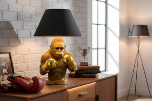 Lampe de table artisanale KING APE 55cm noir et or abat-jour en tissu sculpture de singe