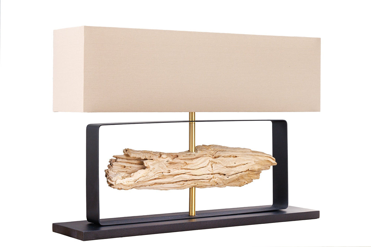 Lampe de table artisanale ROUSILIQUE 80 cm bois de fer naturel beige avec abat-jour