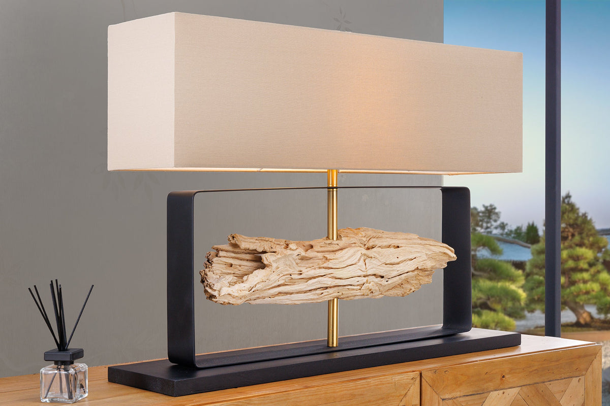 Lampe de table artisanale ROUSILIQUE 80 cm bois de fer naturel beige avec abat-jour