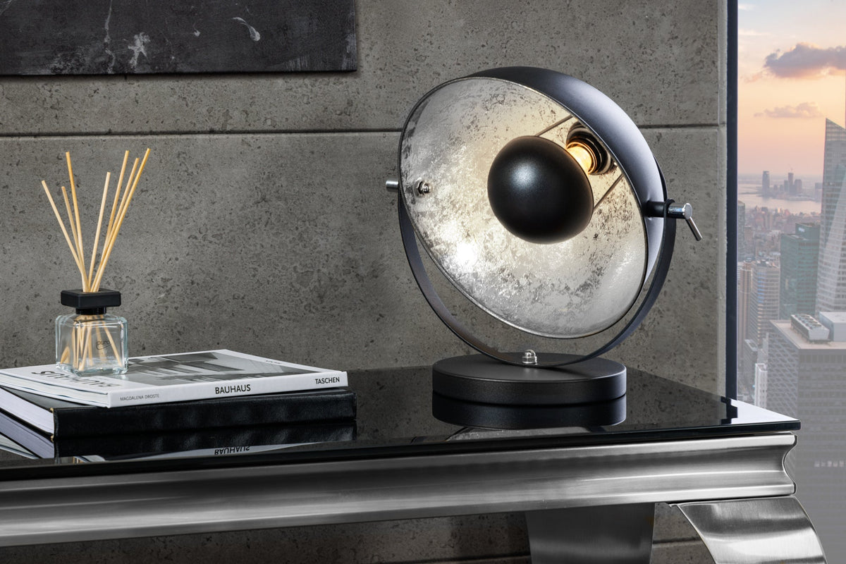 Lampe de table au design industriel STUDIO 40cm noir aspect feuille d'argent abat-jour inclinable