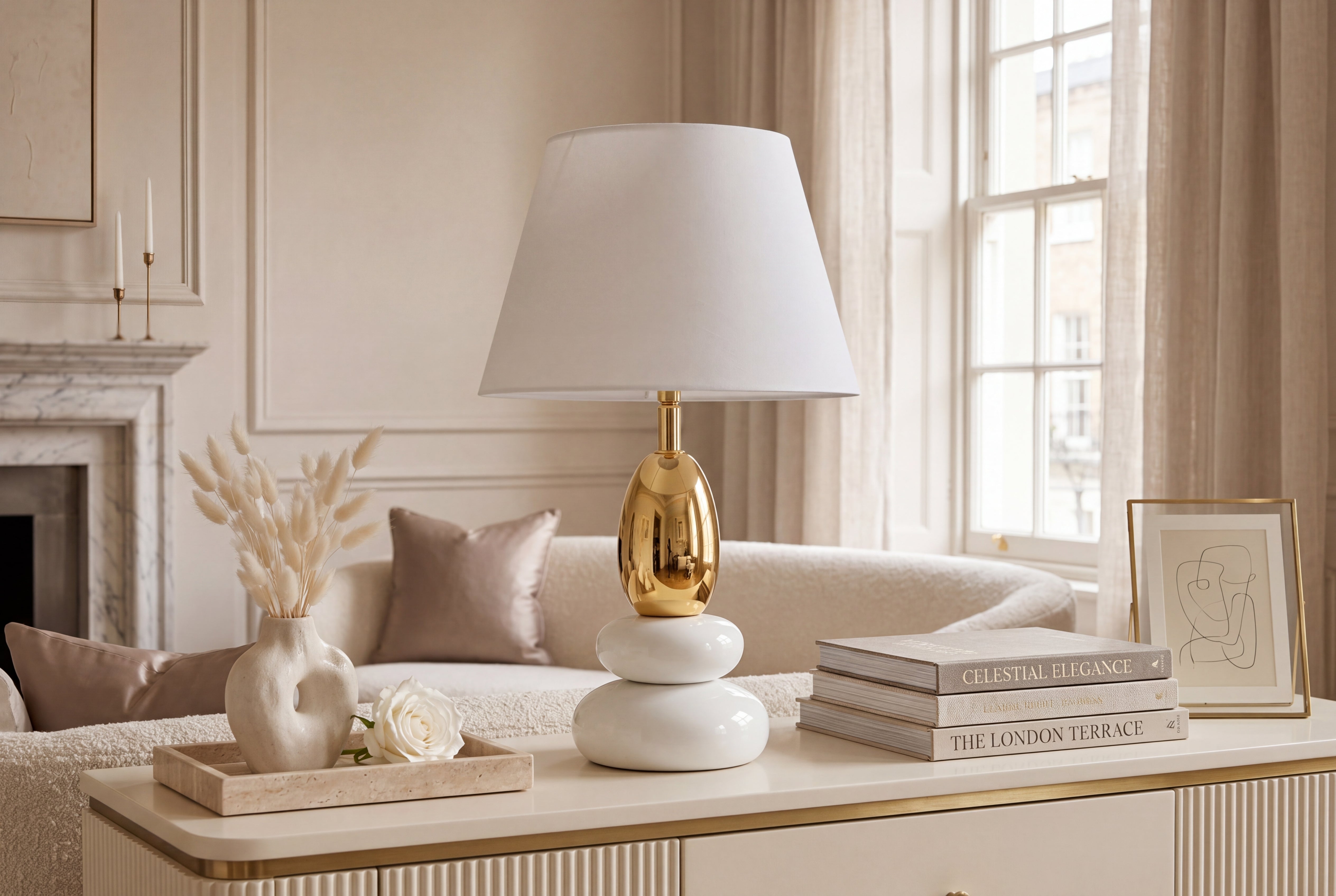 Lampe de table décorative STONES OF ZEN 45cm blanc or avec abat-jour en tissu rond