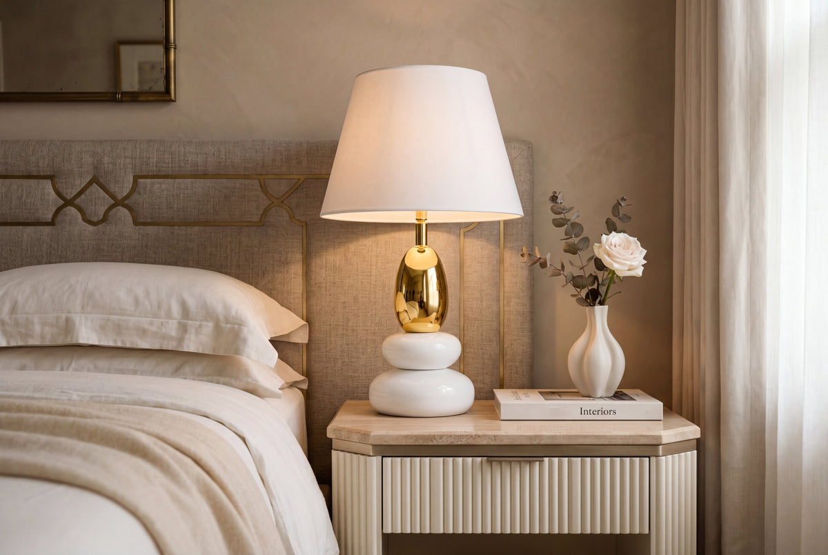 Lampe de table décorative STONES OF ZEN 45cm blanc or avec abat-jour en tissu rond