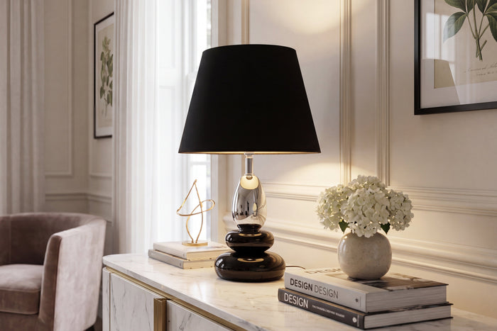 Lampe de table décorative STONES OF ZEN 45cm noir argent avec abat-jour en tissu rond inclinable (réf. 70019)
