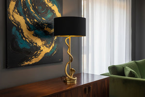 Lampe de table design COBRA 110 cm sculpture serpent doré abat-jour tissu noir