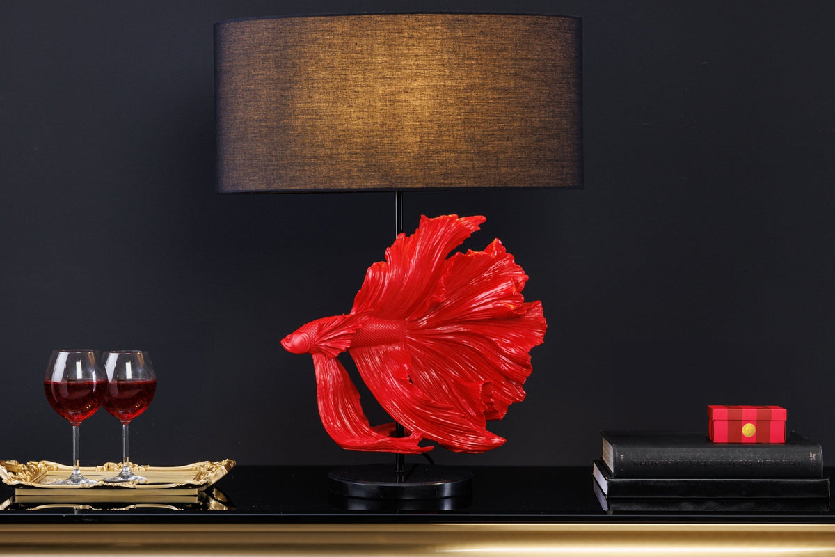 Lampe de table design CROWNTAIL 65cm noir rouge abat-jour en tissu pied en marbre