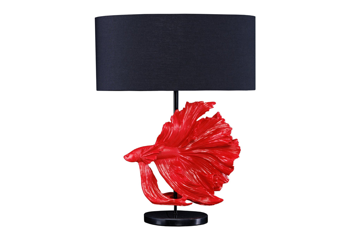 Lampe de table design CROWNTAIL 65cm noir rouge abat-jour en tissu pied en marbre