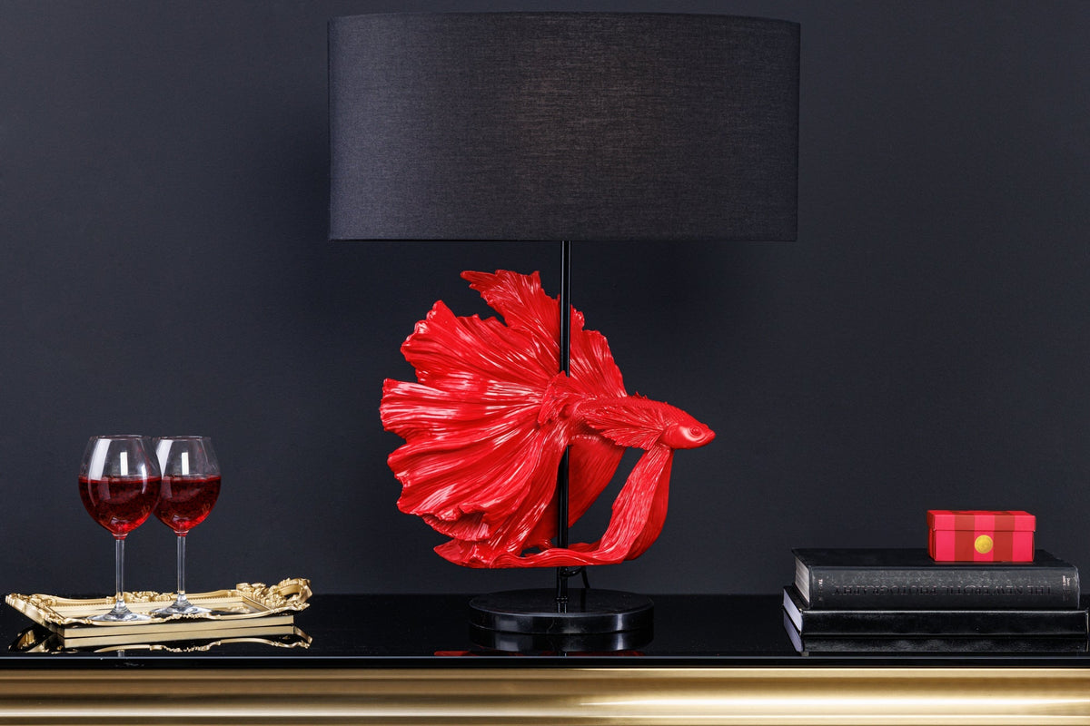 Lampe de table design CROWNTAIL 65cm noir rouge abat-jour en tissu pied en marbre