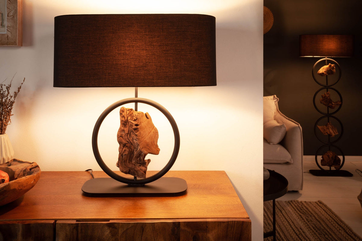 Lampe de table design ELEMENTS 58 cm noir abat-jour en coton pied en bois massif