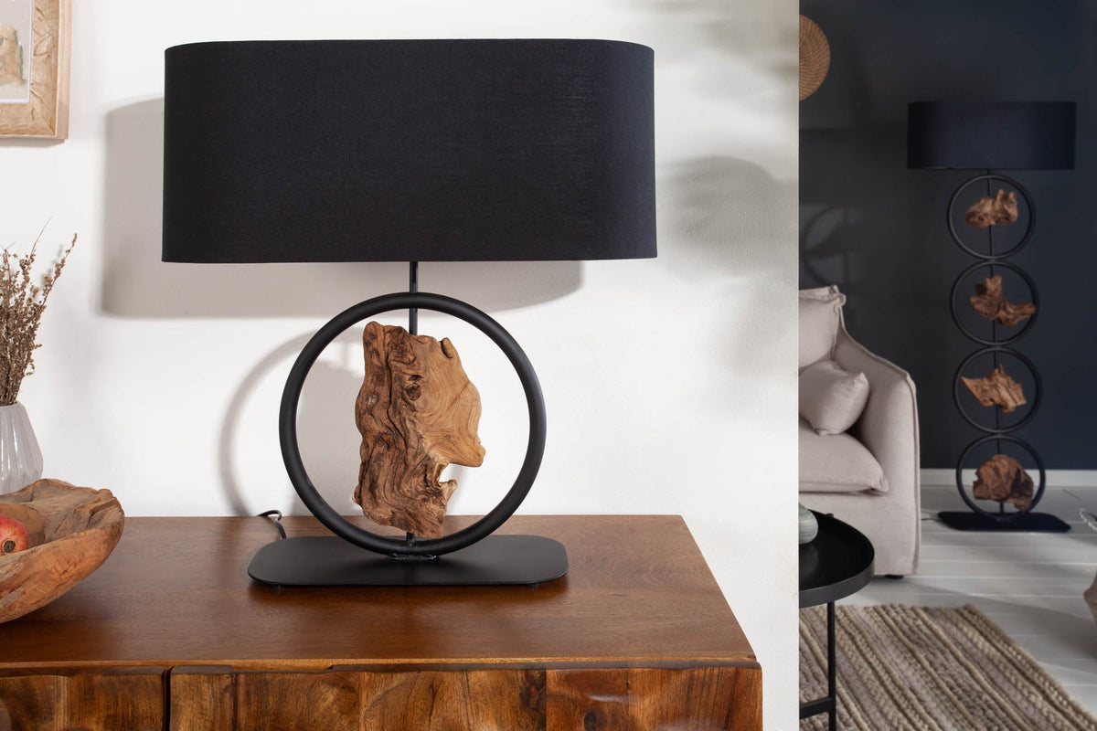 Lampe de table design ELEMENTS 58 cm noir abat-jour en coton pied en bois massif