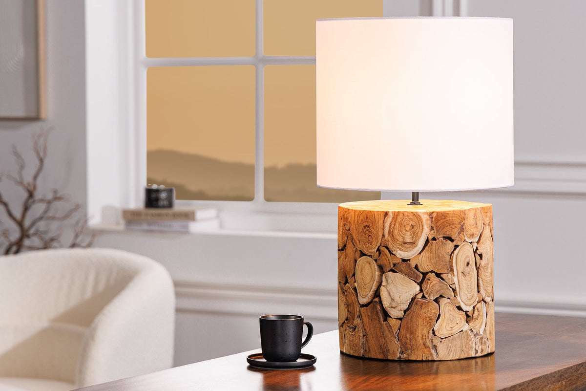 Lampe de table Design PURE NATURE 45cm naturelle faite main en bois d'acier abat-jour en coton blanc