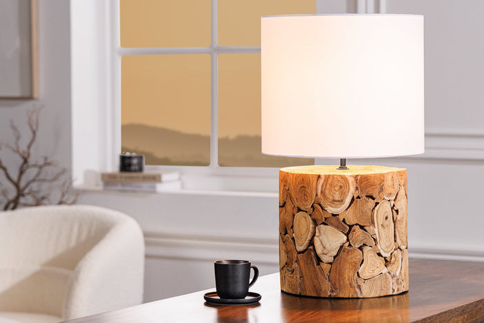 Lampe de table Design PURE NATURE 45cm naturelle faite main en bois d'acier abat-jour en coton blanc