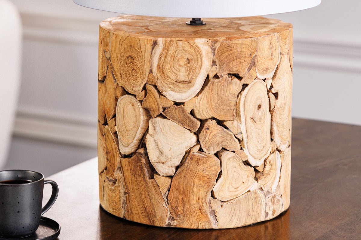 Lampe de table Design PURE NATURE 45cm naturelle faite main en bois d'acier abat-jour en coton blanc