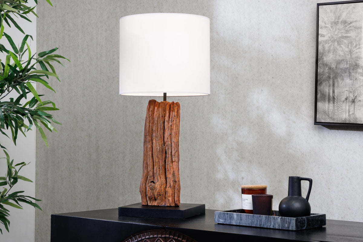 lampe de table design ROUSILIQUE 60cm naturel blanc rond bois flotté fait main
