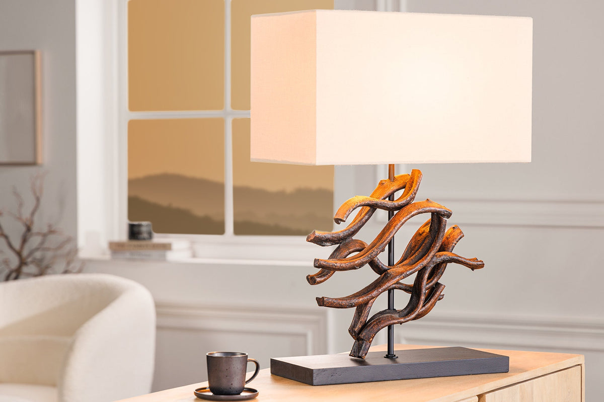 Lampe de table design WAVE 60 cm naturel bois massif fait main abat-jour en coton beige