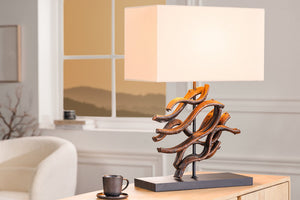 Lampe de table design WAVE 60 cm naturel bois massif fait main abat-jour en coton beige