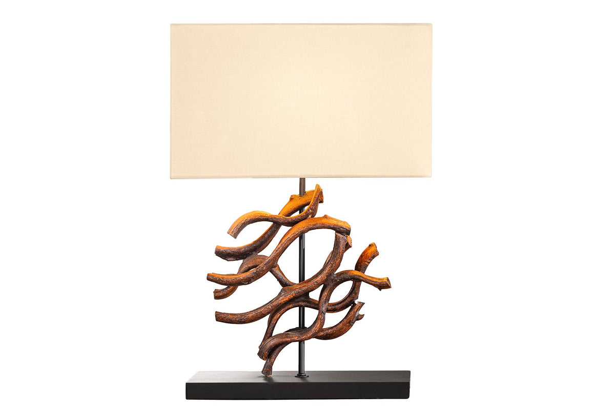 Lampe de table design WAVE 60 cm naturel bois massif fait main abat-jour en coton beige