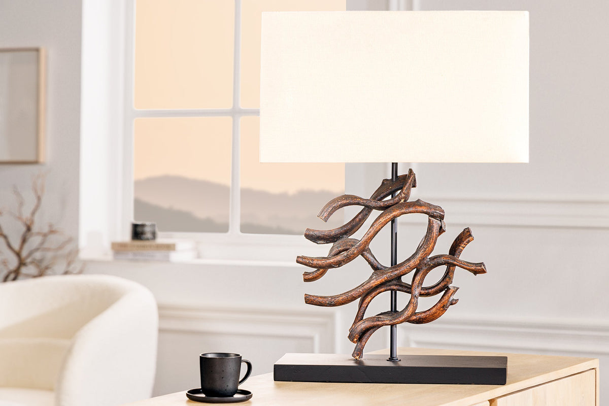Lampe de table design WAVE 60 cm naturel bois massif fait main abat-jour en coton beige