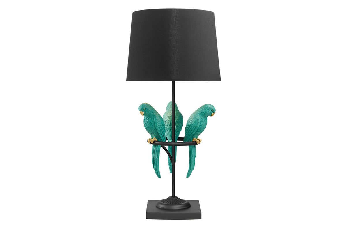 Lampe de table design WILDLIFE 75cm noir turquoise ronde sculptures de perroquet avec pied en marbre
