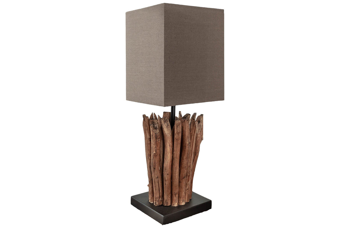 Lampe de table en bois flotté artisanale EUPHORIA 45cm marron avec abat-jour en lin.