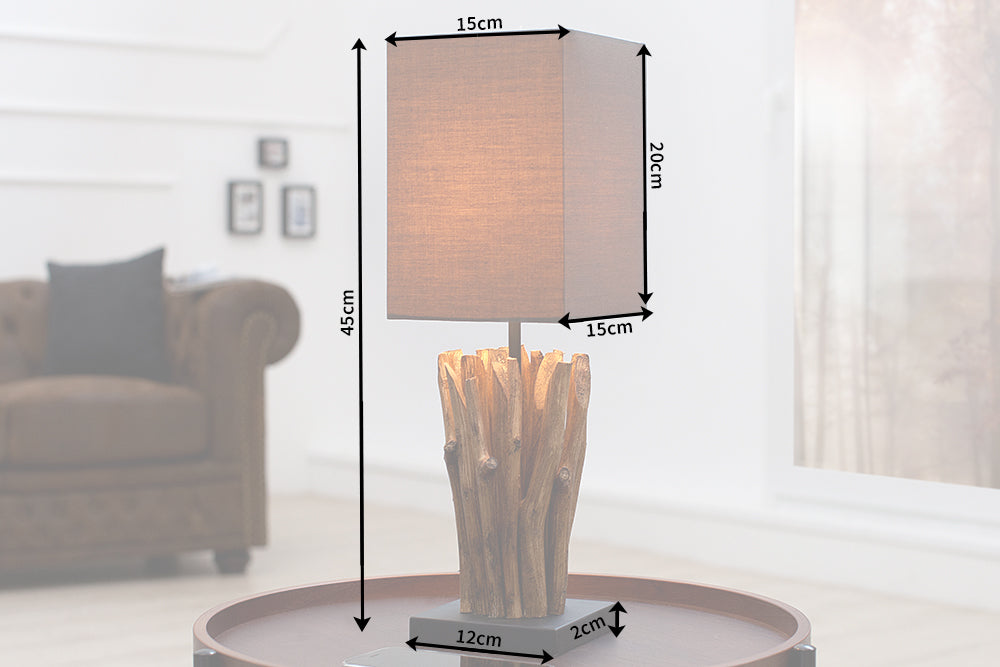 Lampe de table en bois flotté artisanale EUPHORIA 45cm marron avec abat-jour en lin.