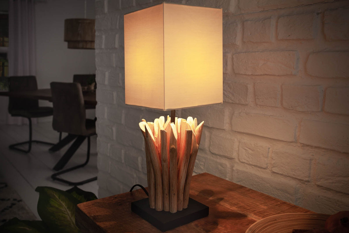 Lampe de table en bois flotté faite à la main EUPHORIA 45 cm beige avec abat-jour en lin