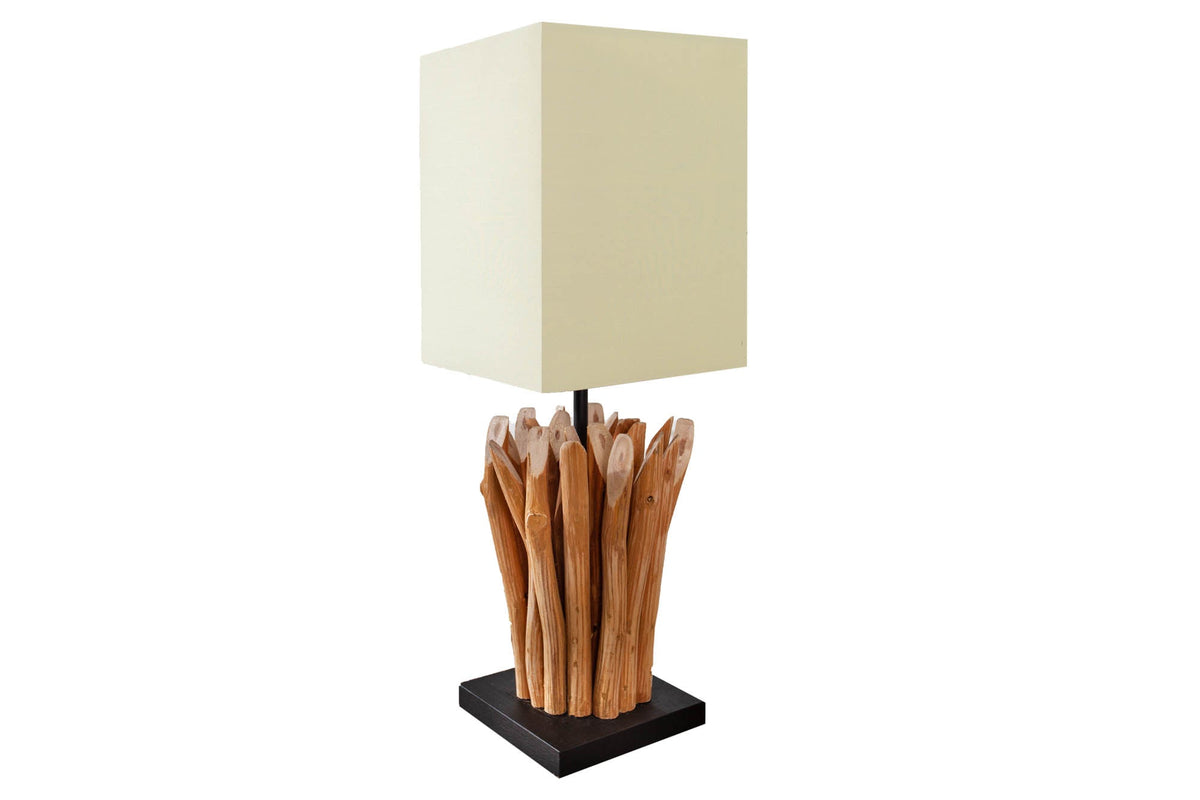 Lampe de table en bois flotté faite à la main EUPHORIA 45 cm beige avec abat-jour en lin