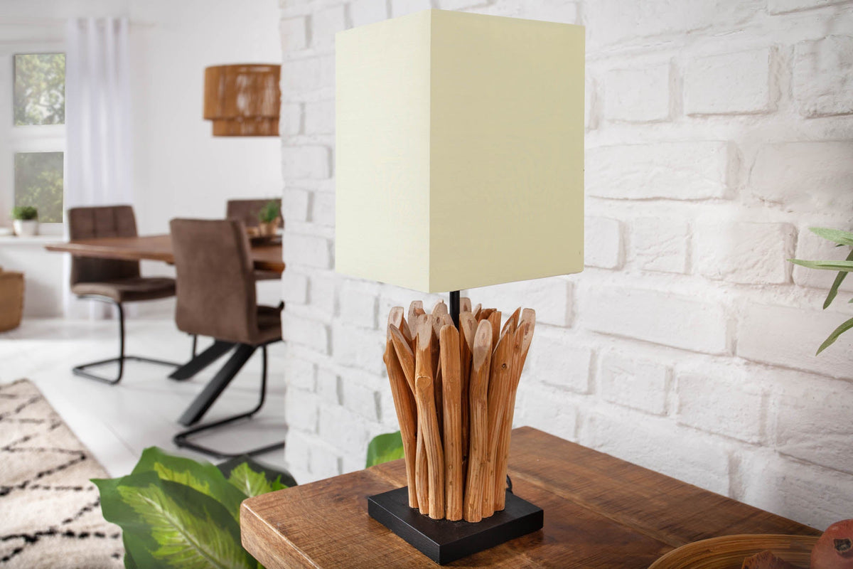 Lampe de table en bois flotté faite à la main EUPHORIA 45 cm beige avec abat-jour en lin