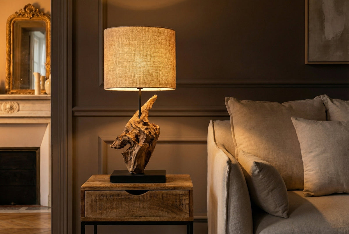 Lampe de table en bois flotté HYPNOTIC 60cm naturel Abat-jour en lin