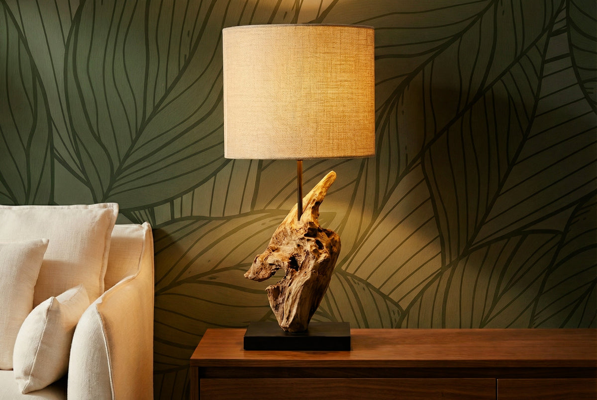 Lampe de table en bois flotté HYPNOTIC 60cm naturel Abat-jour en lin