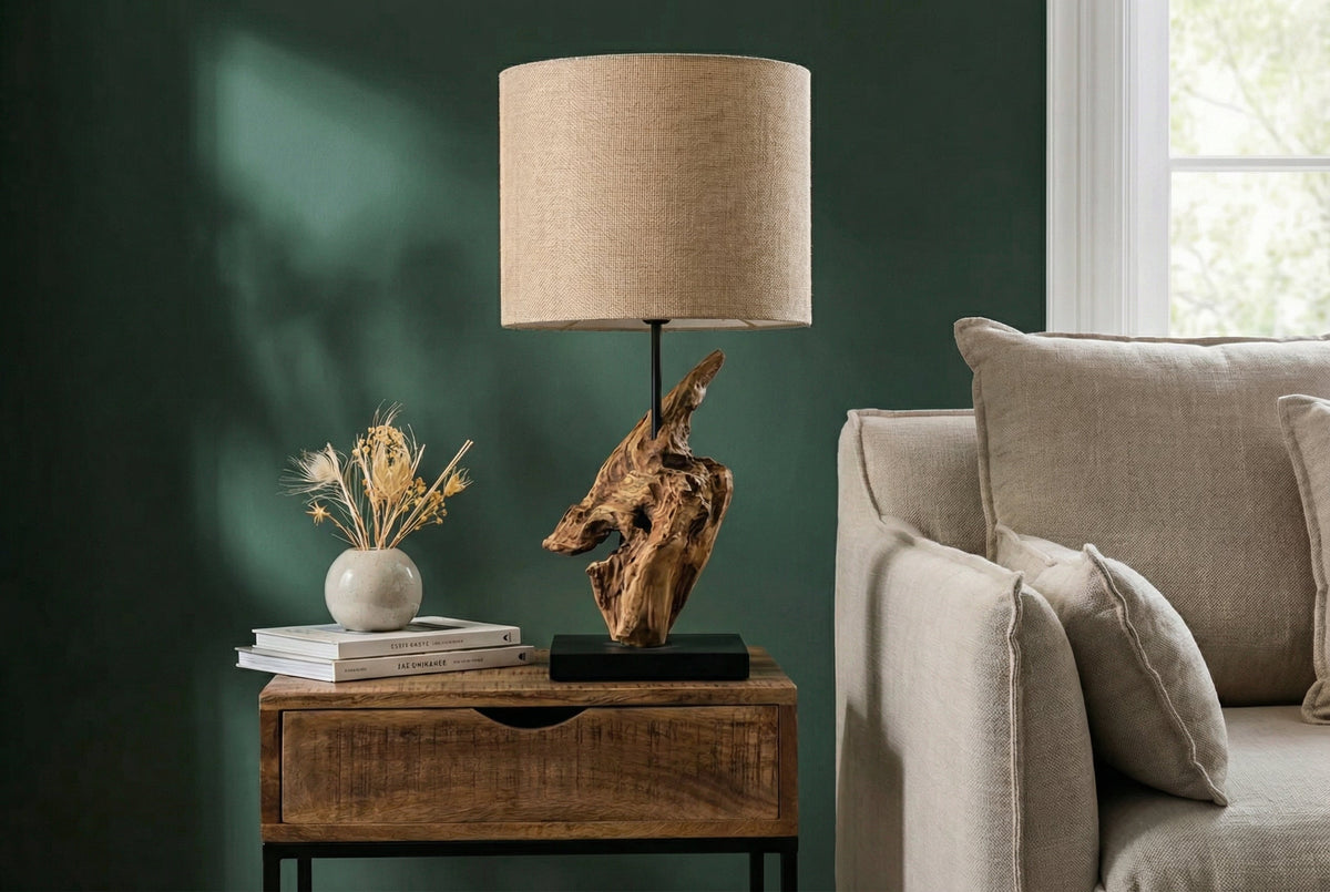 Lampe de table en bois flotté HYPNOTIC 60cm naturel Abat-jour en lin