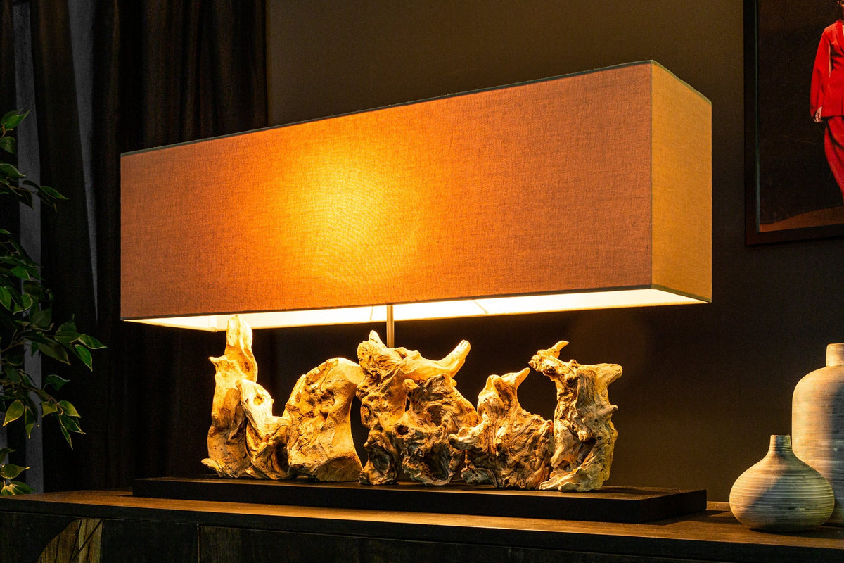 Lampe de table en bois flotté unique PURE UNIQUE 80 cm beige avec abat-jour en lin
