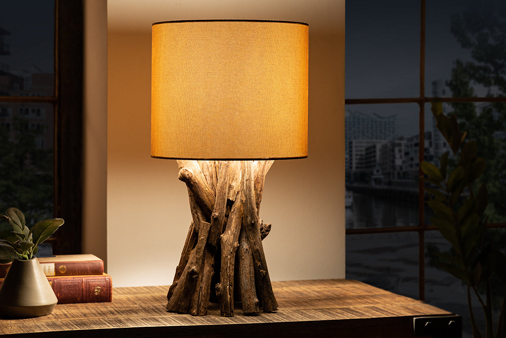 Lampe de table en bois massif HARMONY NATURE 50 cm beige teck avec abat-jour en lin