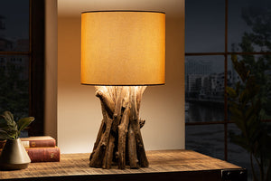Lampe de table en bois massif HARMONY NATURE 50 cm beige teck avec abat-jour en lin