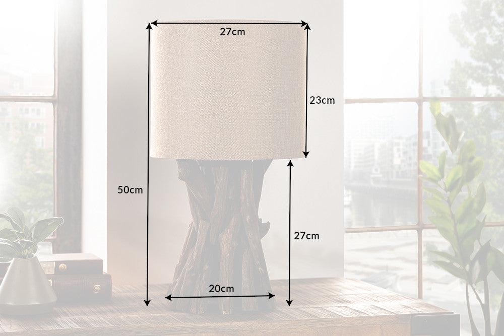 Lampe de table en bois massif HARMONY NATURE 50 cm beige teck avec abat-jour en lin