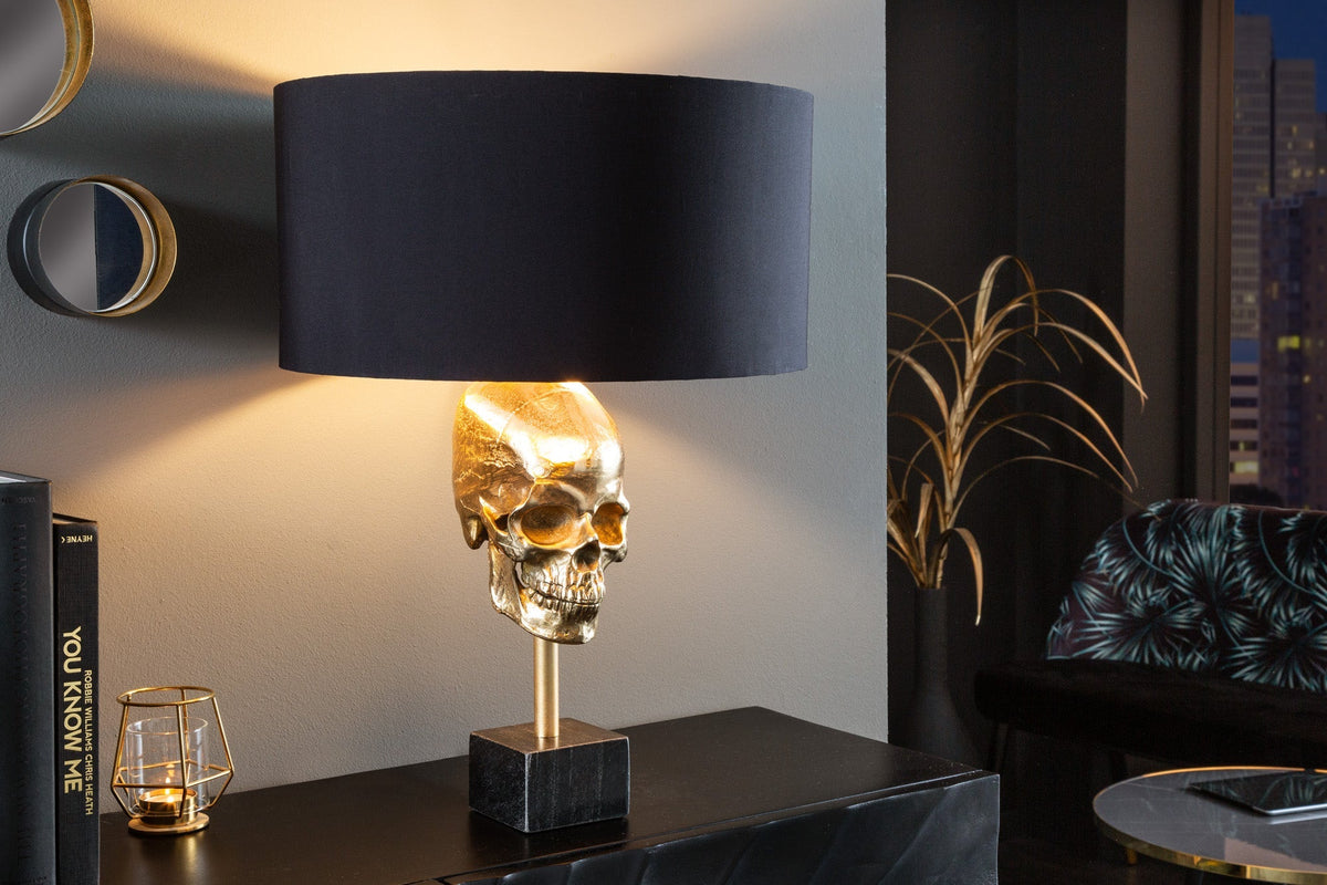 Lampe de table extravagante SKULL 56 cm noir et or métal tête de mort sculpture luminaire (réf. 41529)
