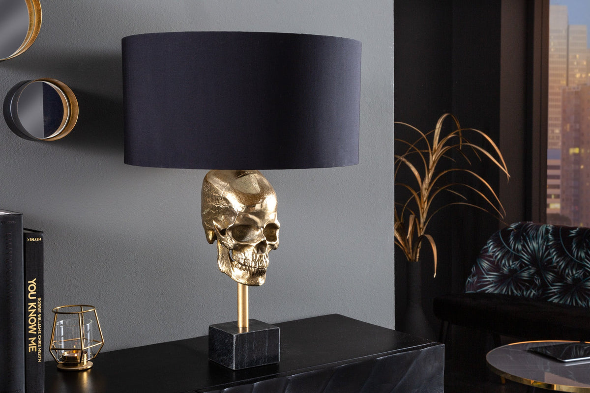Lampe de table extravagante SKULL 56 cm noir et or métal tête de mort sculpture luminaire (réf. 41529)