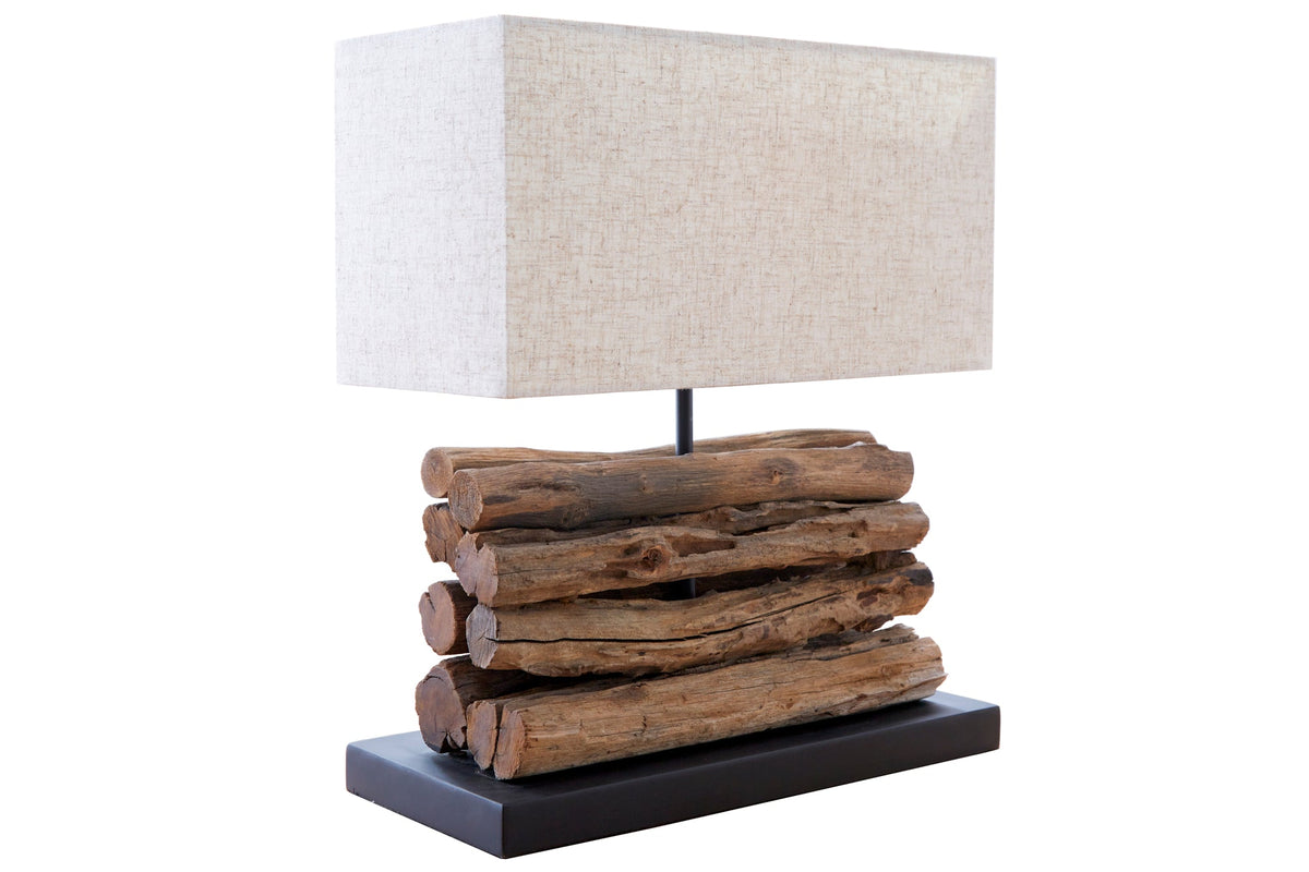 Lampe de table faite main PERIFERE 40 cm abat-jour en lin bois flotté beige
