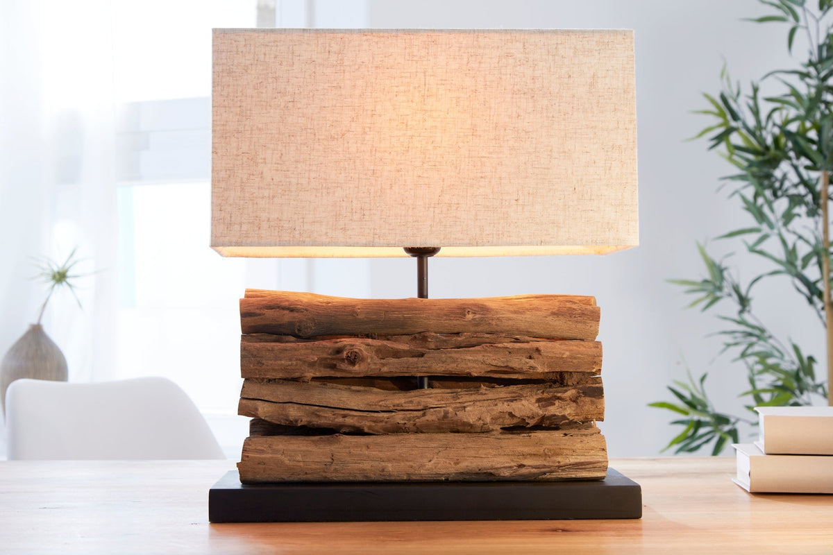 Lampe de table faite main PERIFERE 40 cm abat-jour en lin bois flotté beige
