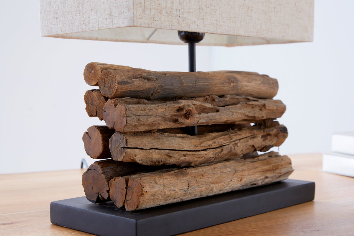 Lampe de table faite main PERIFERE 40 cm abat-jour en lin bois flotté beige